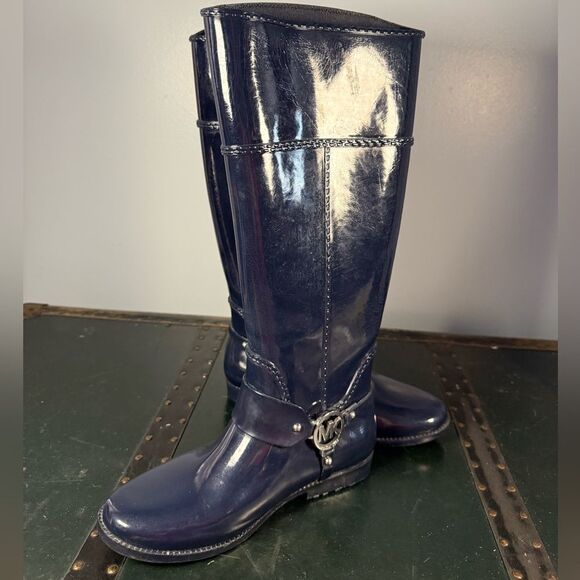 Michael Kors FULTON HARNESS RAINBOOT Knee High Rubber NAVY BLUE Women Size 8 - Picture 2 of 5